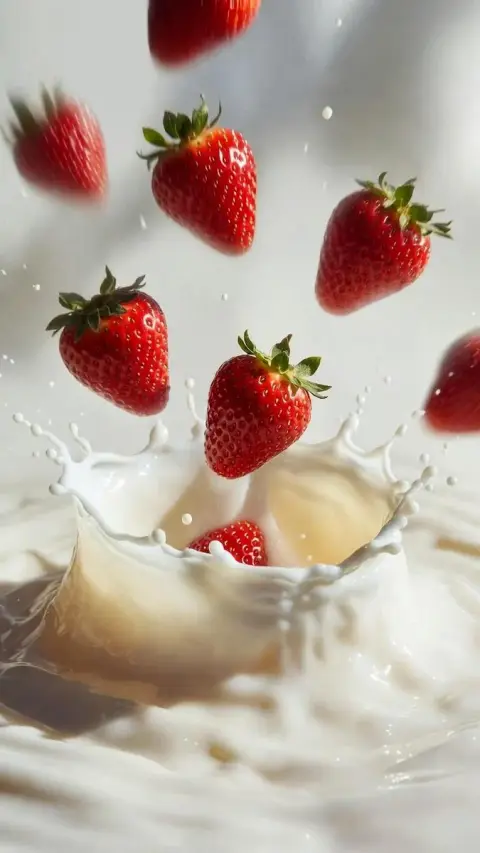 The bright red strawberry falls into the silky milk under extreme macro