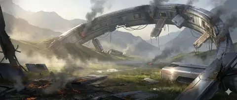 The broken orbital ring fell into the morning fog and grass valley