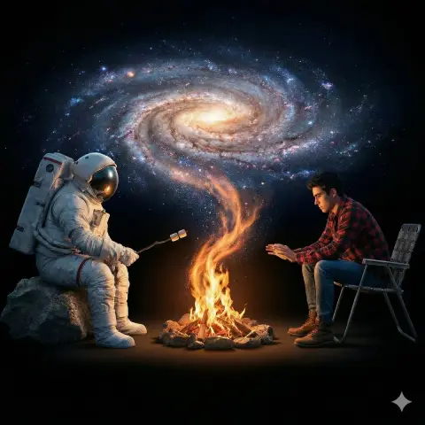 The campfire turns into a galaxy, the astronaut and the youth’s adventure in the universe
