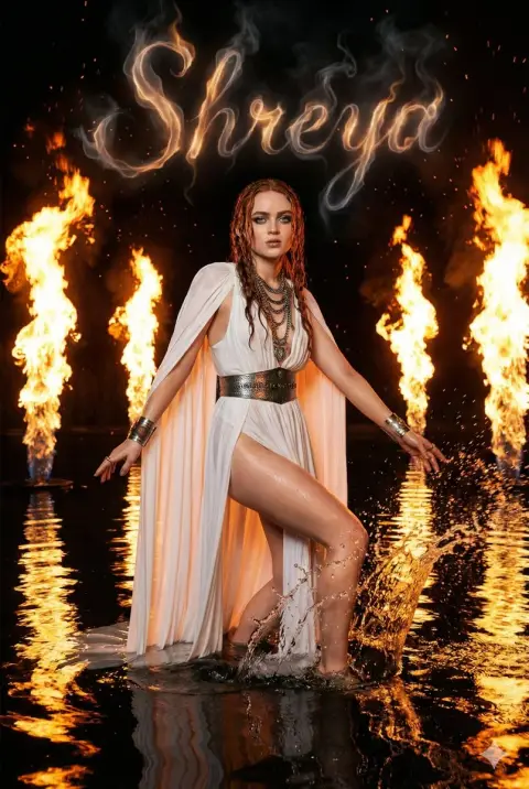 The charming couture queen among the flames and black water