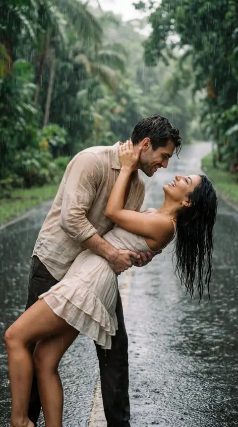 The cinematic moment of a couple dancing affectionately backwards on a rainy jungle road