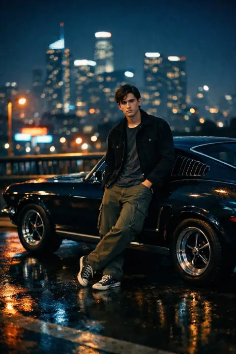 The classic black Mustang in the cinematic night