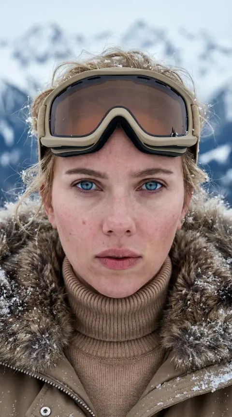 The cold gaze of a Nordic girl under the snow-capped mountains in winter