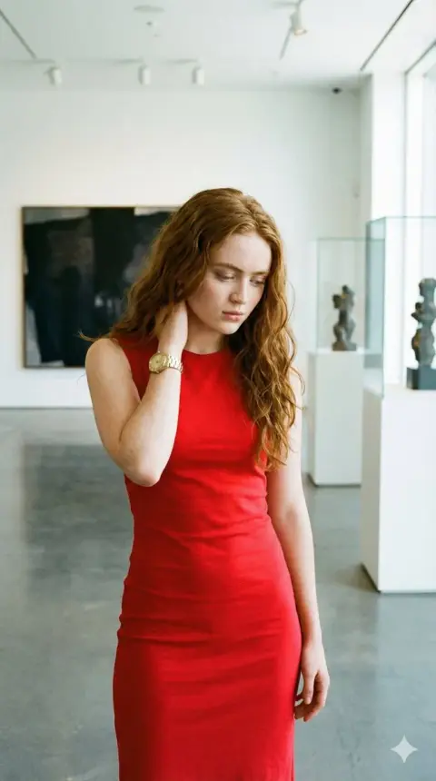 The contemplative moment of the woman with red hair and red dress in the light and shadow of the gallery