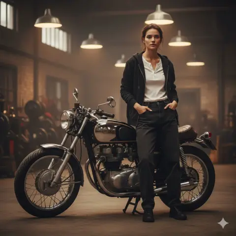 The cool and heroic appearance and industrial light and shadow next to the retro motorcycle