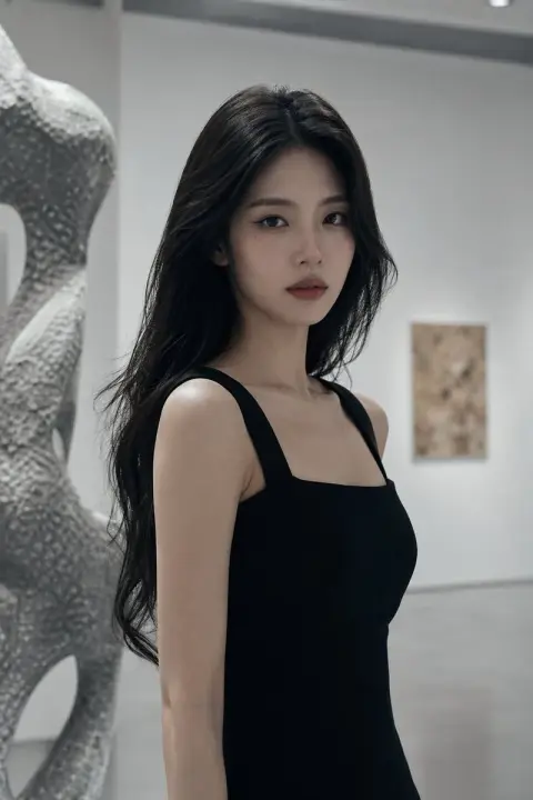 The cool girl in black dress stares at the art exhibition