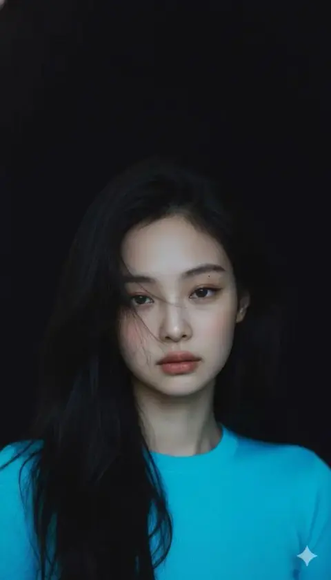 The cool girl in neon blue clothes on the minimalist background of the dark night