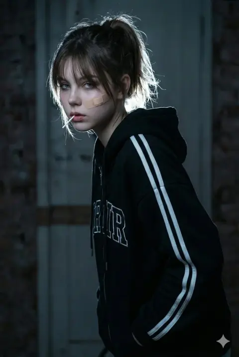 The cool street profile of the rebellious girl with high ponytail