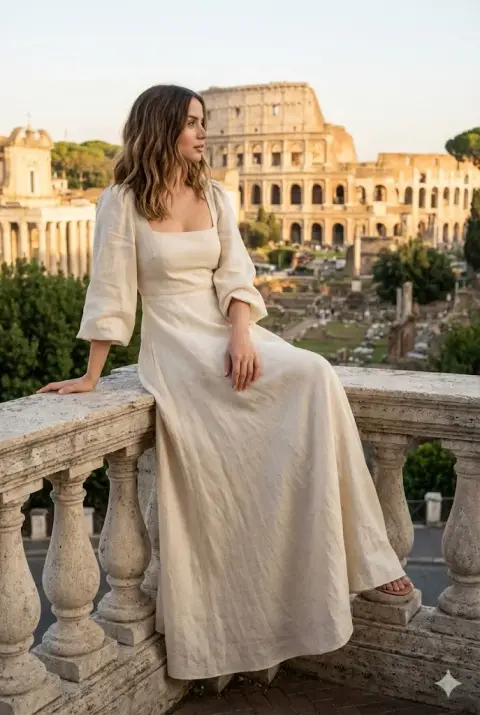 The crimson phantom leaning on the railing and looking into the distance under the golden Roman sun