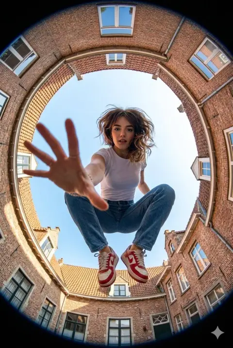 The dancing girl looking up at the brick wall with fish eyes