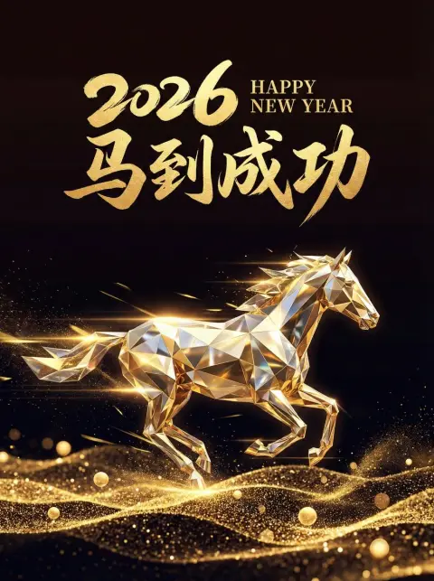 The dazzling geometric golden horse rides on the waves to welcome the new year