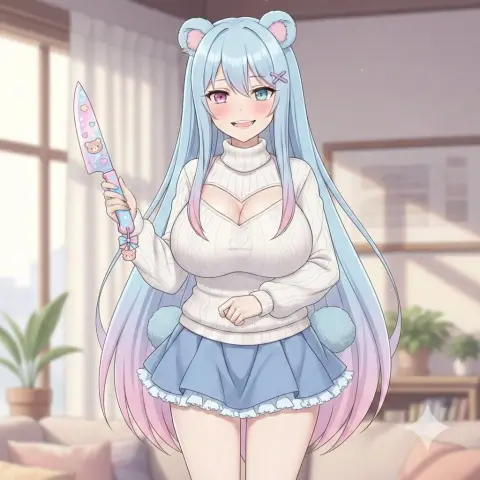 The deadly yandere girl smiling and handing over the cake