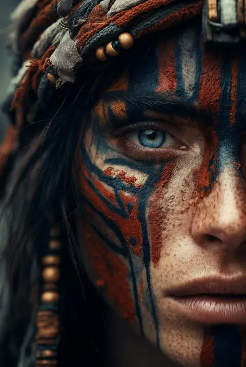 The deep gaze of tribal warriors and the ancient totem paintings