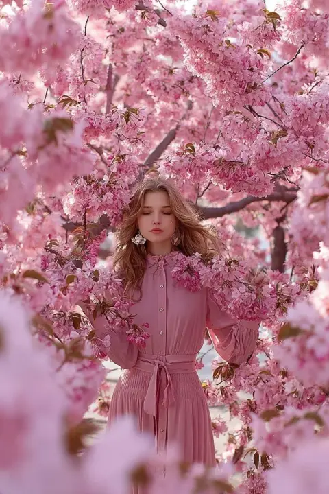 The dreamy and beautiful girl among the falling cherry blossoms