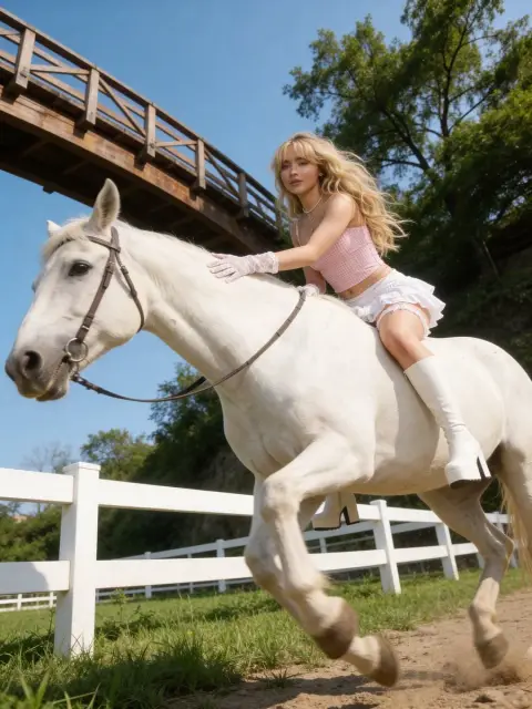 The dreamy horse riding movie of a girl in a white horse and pink skirt