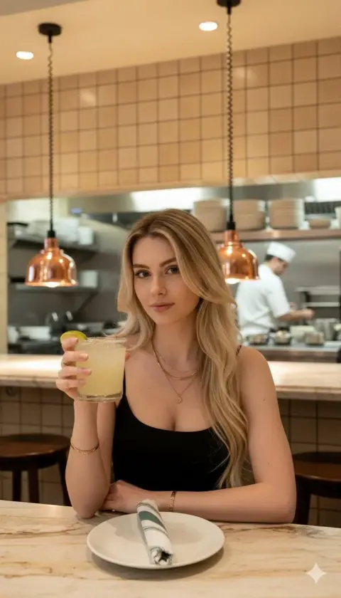 The drunken moment of the white-blonde girl illuminated by the copper chandelier