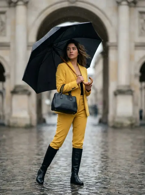 The elegance of a woman in a bright yellow suit in the rain