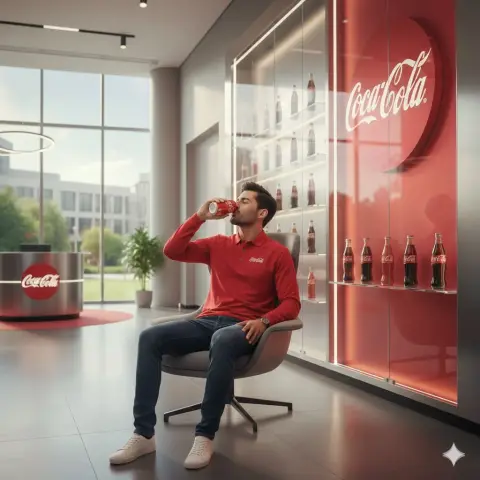 The energetic moment of drinking red can of Coke in the lobby