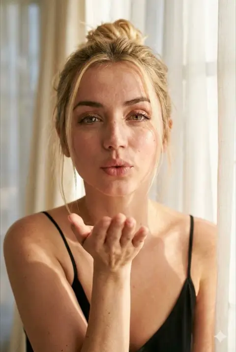 The ethereal girl bathing in the golden warm sun blows a beautiful kiss