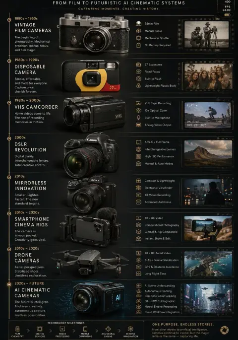 The evolution history of cameras: retro film to AI system infographic
