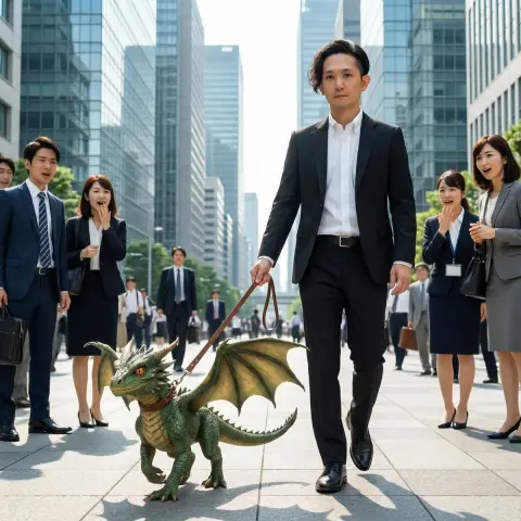 The fantasy scene of wearing a suit and walking a dragon in the bustling CBD