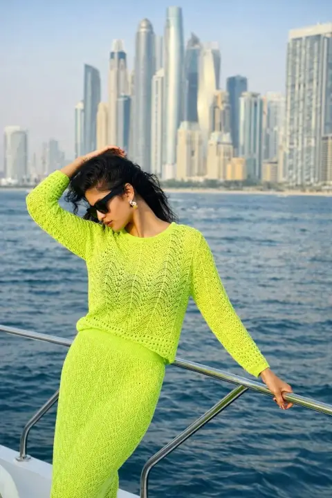 The fluorescent green beauty on the yacht on the blue sea