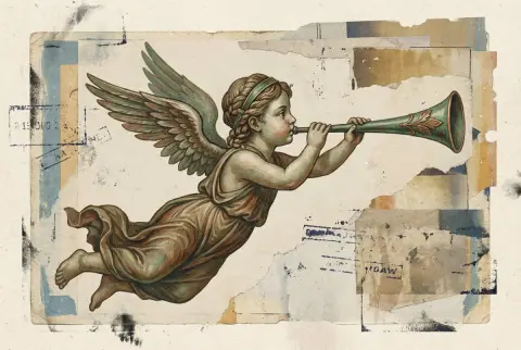 The flying angel blows the classical horn