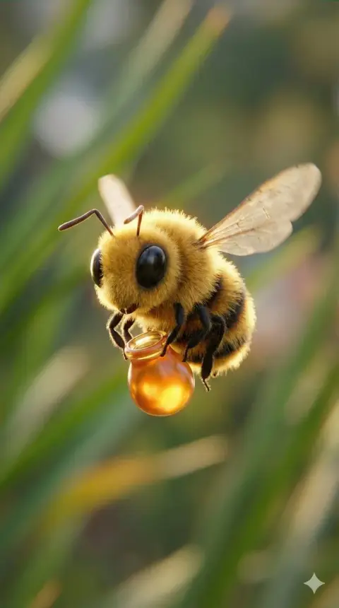 The furry and cute little bee flying with honey