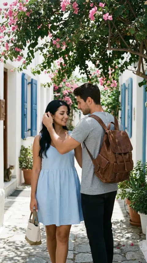 The gentle bond in the stone alley of the Aegean Sea