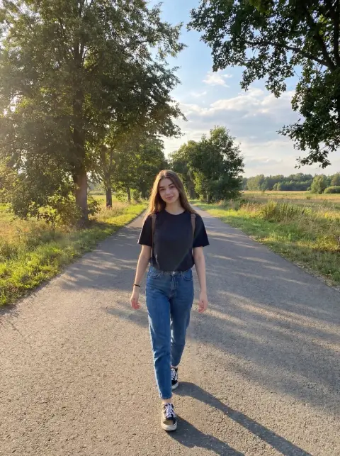 The gentle girl on the country road at the golden hour