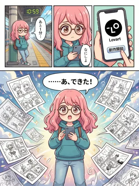 The gentle touch of the girl's fingertips awakens the world of black and white comics