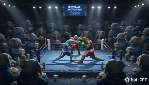 The giant elephant eats popcorn and watches the fierce battle in the database arena