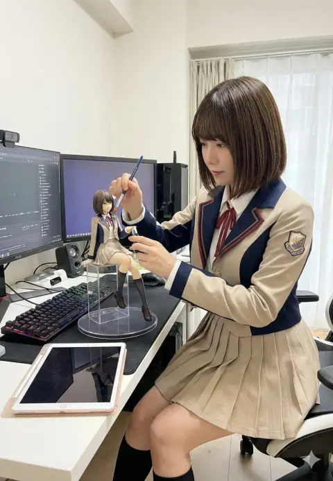 The girl gently wipes the miniature figures on the table