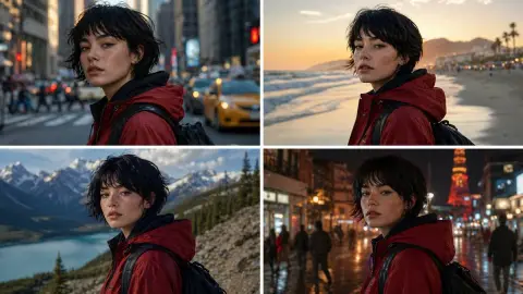 The girl in the red jacket travels through four scenes
