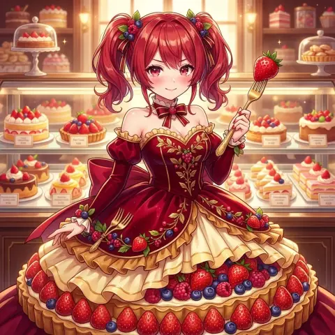 The girl in a gorgeous strawberry dress tastes the sweet and sour first love