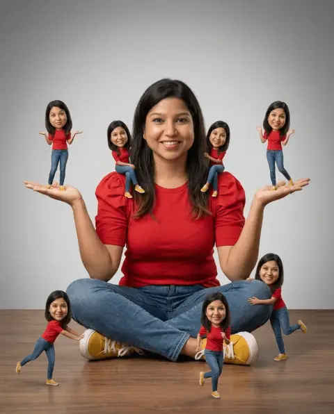 The girl in red and seven playful miniature clones
