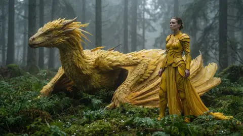 The girl in golden armor and the giant yellow-feathered dragon in the misty forest
