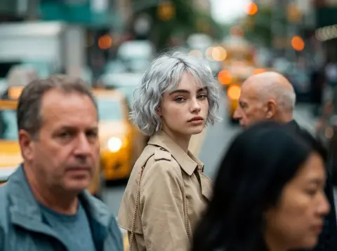 The girl in the windbreaker on the bustling street looks back at the moment