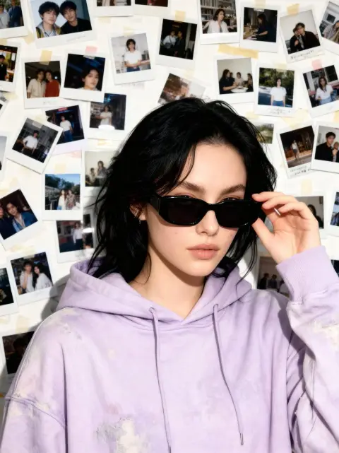 The girl in the lilac hoodie in the retro film of the 1990s