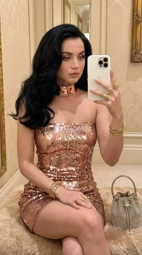The goddess in electric blue sequin dress takes a luxurious mirror selfie