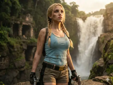 The goddess with two guns in the jungle ruins: movie-level golden hour light and shadow
