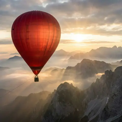 The golden light of morning illuminates the giant red balloon suspended in the foggy mountains