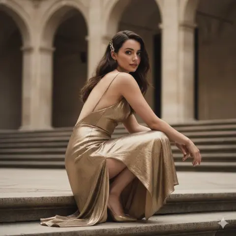 The golden shimmer dress on the stone steps in the courtyard looks back at the beautiful shadow