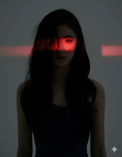 The grim girl illuminated by the red laser strip in the shadow