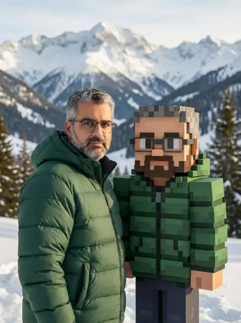 The interweaving of reality and virtuality: the real person and the cube clone under the snow-capped mountains
