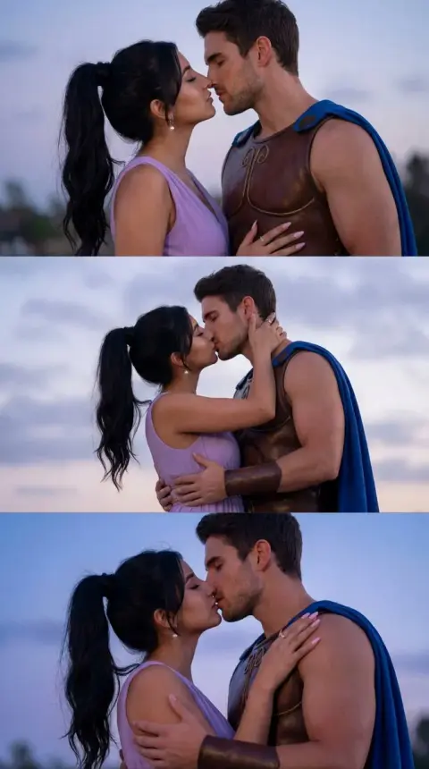 The kiss of the Greek mythological hero in twilight blues