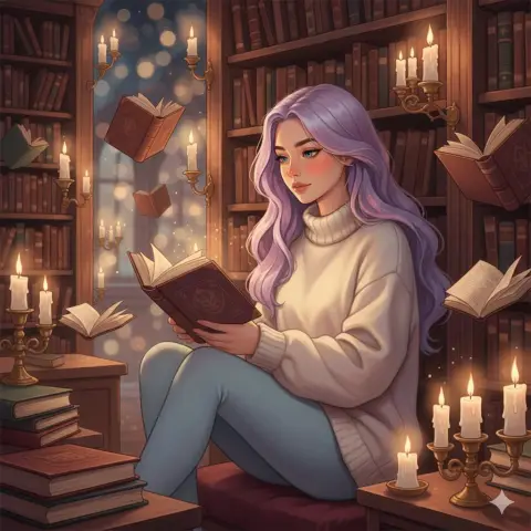 The lilac-haired girl in the fantasy magic library