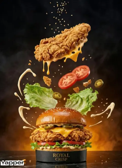 The luxurious fried chicken burger explodes instantly