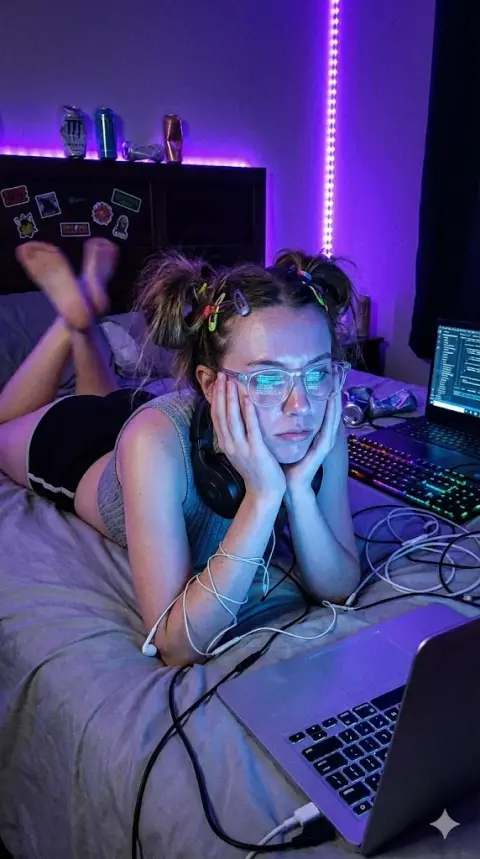 The melancholy e-sports girl under the cold blue screen