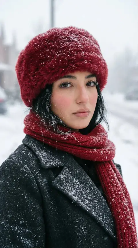 The melancholy girl in red hat in the snow